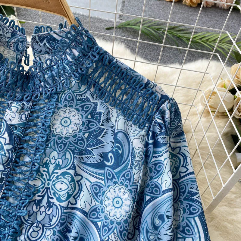 Spring Summer Women Dresses Elegant Vintage Print Holiday Bohemian Beach Dress Stand Collar Long Sleeve Ruffle Tiered Mini Dress