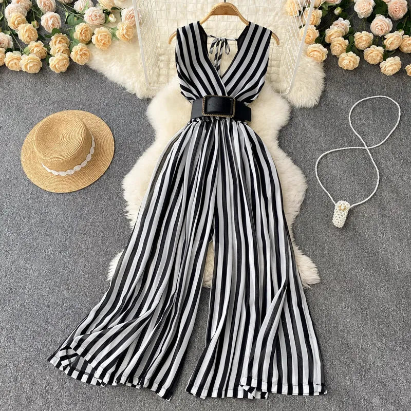 Women Chiffon Striped Jumpsuits Summer Sexy V-neck Sleeveless Elegant Wide-leg Long Pants Playsuits Ladies Dot Romper Overall