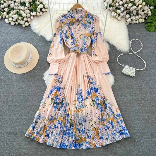 Vintage Print Elegant Lantern Long Sleeve Lapel A-line Dress Casual Women  Fashion Autumn Spring Dress