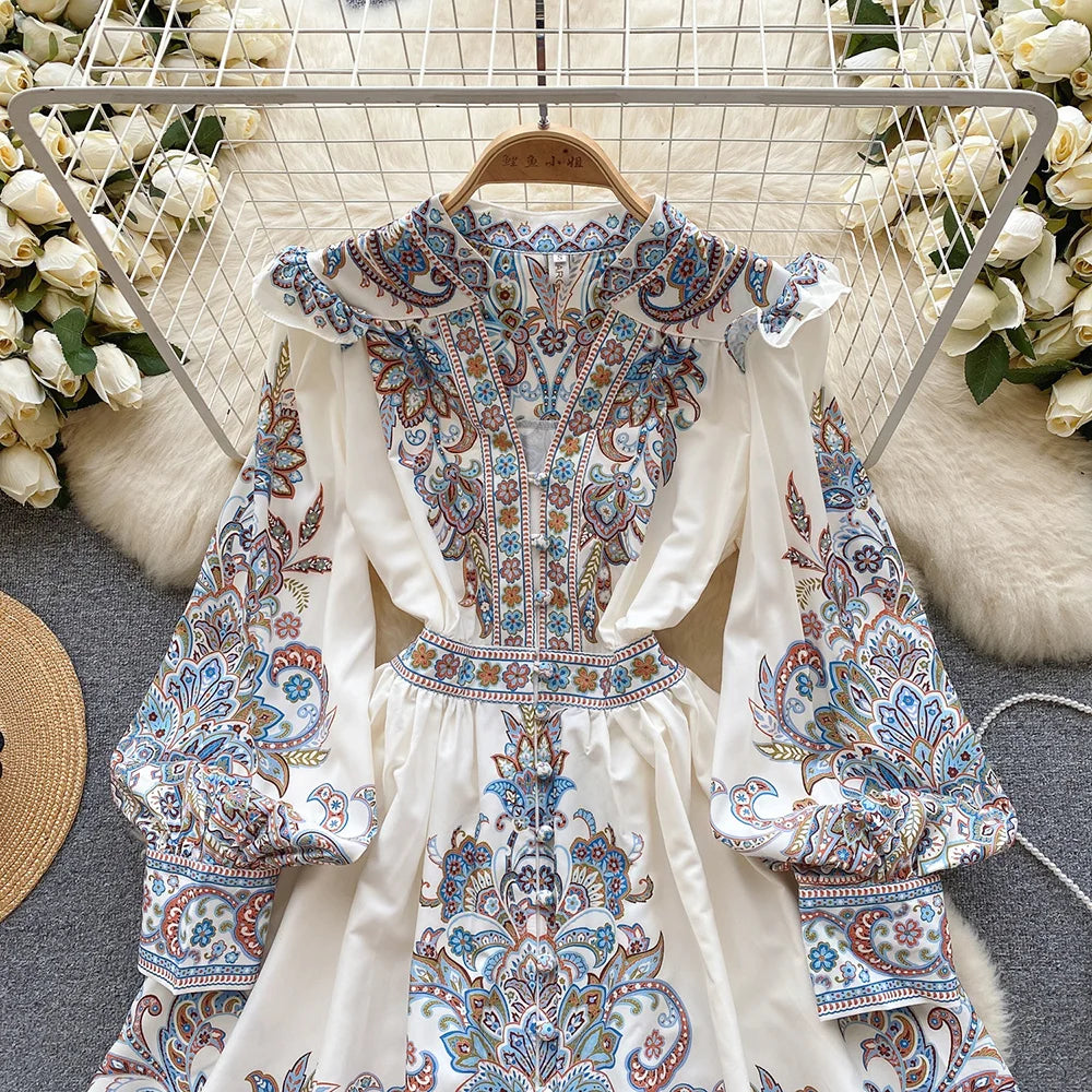 Elegant Dresses For Women 2024 V Neck Vintage Paisley Print Mini Holiday Dress Spring Ruffle Trim Long Sleeve Bohemian Dress