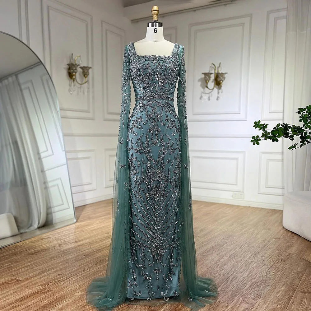 Serene Hill 2024 turquoise with Beaded Cape Sleeves Design Mermaid Long Evening Dresses Gowns for Women's Wedding Party BLA72400