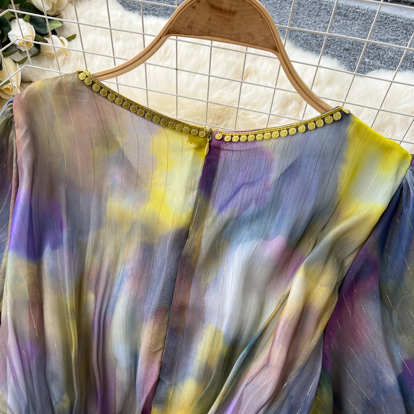 sweet tie dye Lantern Sleeve embroidery o neck chiffon Dress French Party Elegant Summer Sexy Slim Women dresses