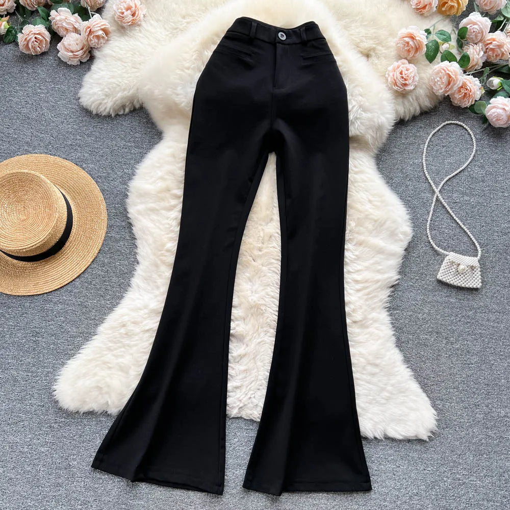 Spring Autumn Retro Flare Pants Women Casual High Waist Draping Slim Wide Leg Bottom Long Pants Korean White Black Trousers