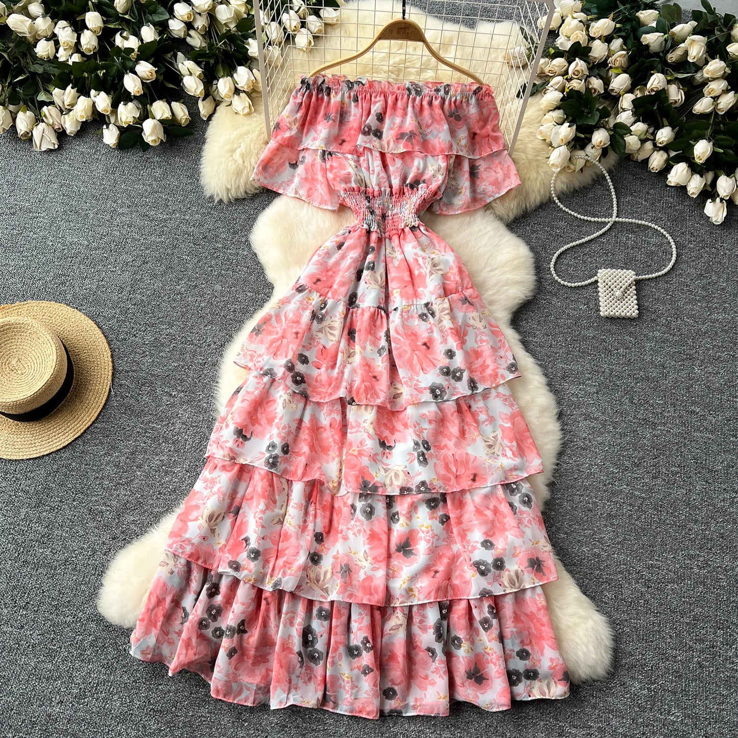 French Vintage  off shoulder short sleeve ruffle Dress Chic Casual Beach Vacation Women Summer chiffon dresses