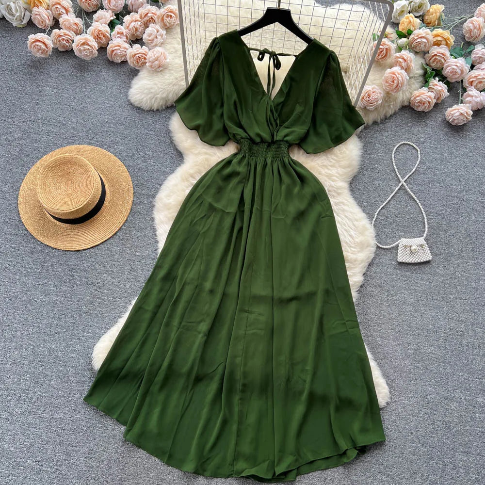 Vintage Elegant V-neck chiffon Dress A-line Fashion Beach Spring Summer Vestidos Women Bandage Sweet dresses
