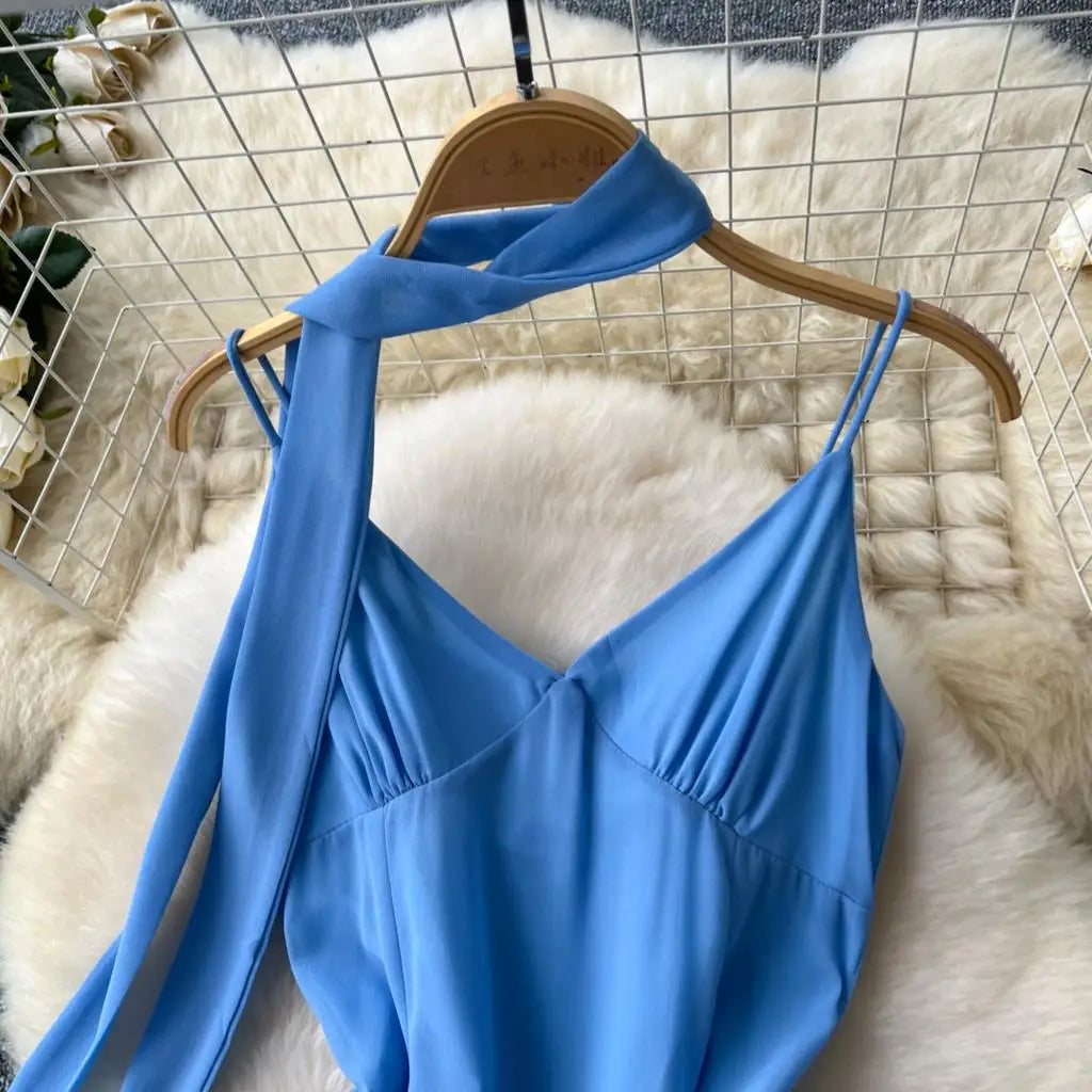 Summer Elegant Casual Women Solid Dress Halter A-Line Beach Holiday Party Long Robe Female Spaghetti Strap Boho Clothes Vestidos