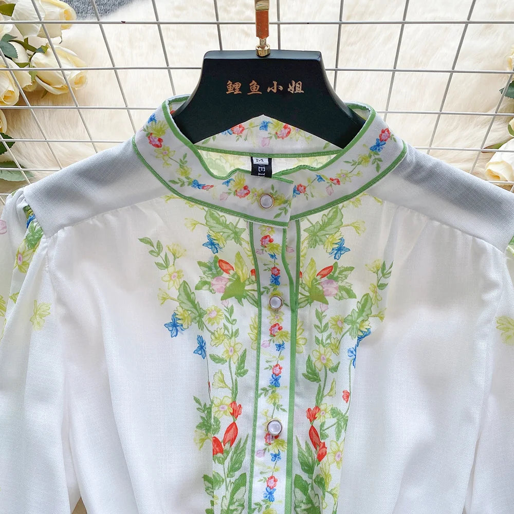 Clothes For Women Dresses 2024 Spring Ruffle Hem Vintage Floral Print Dress Stand Neck Long Sleeve Holiday Mini Dress With Belt