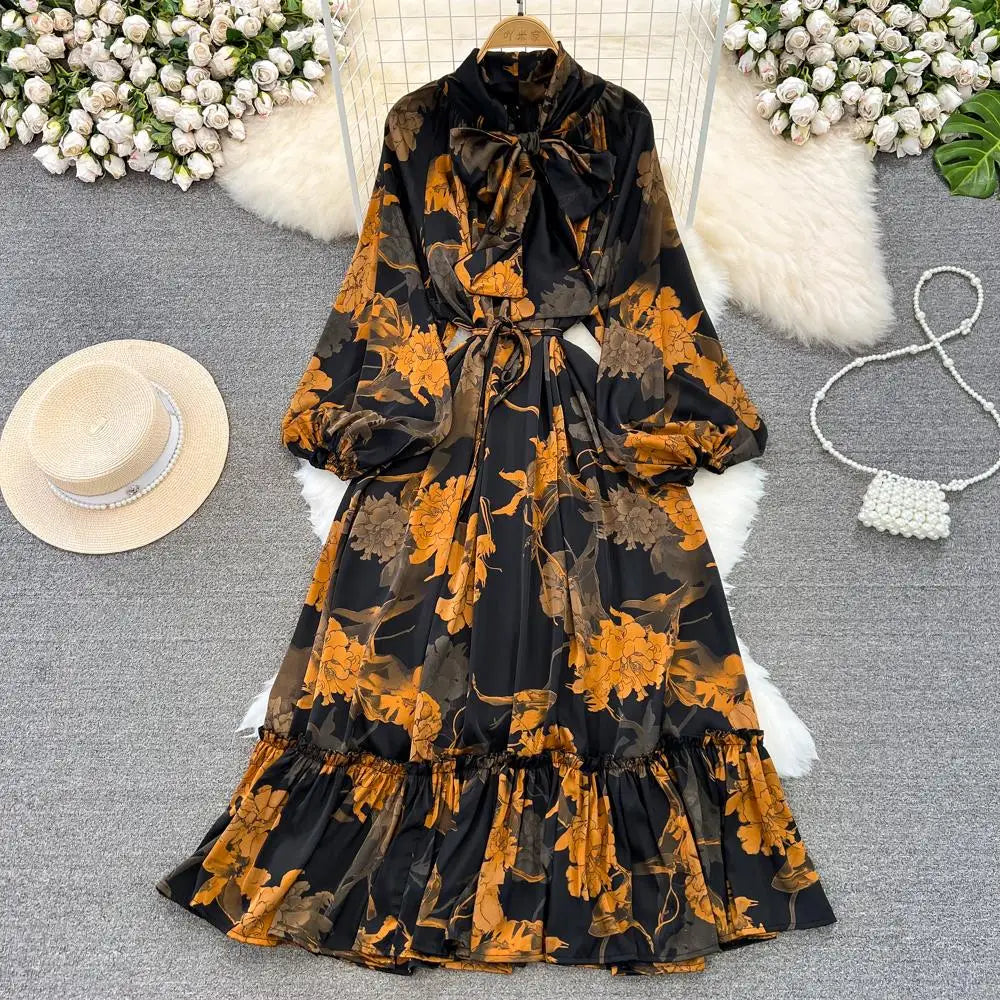 Elegant Casual A-Line Vintage Ruffle Print Long Dress Autumn Lantern Sleeve Party Boho Dresses Beach Holiday Female Vestidos