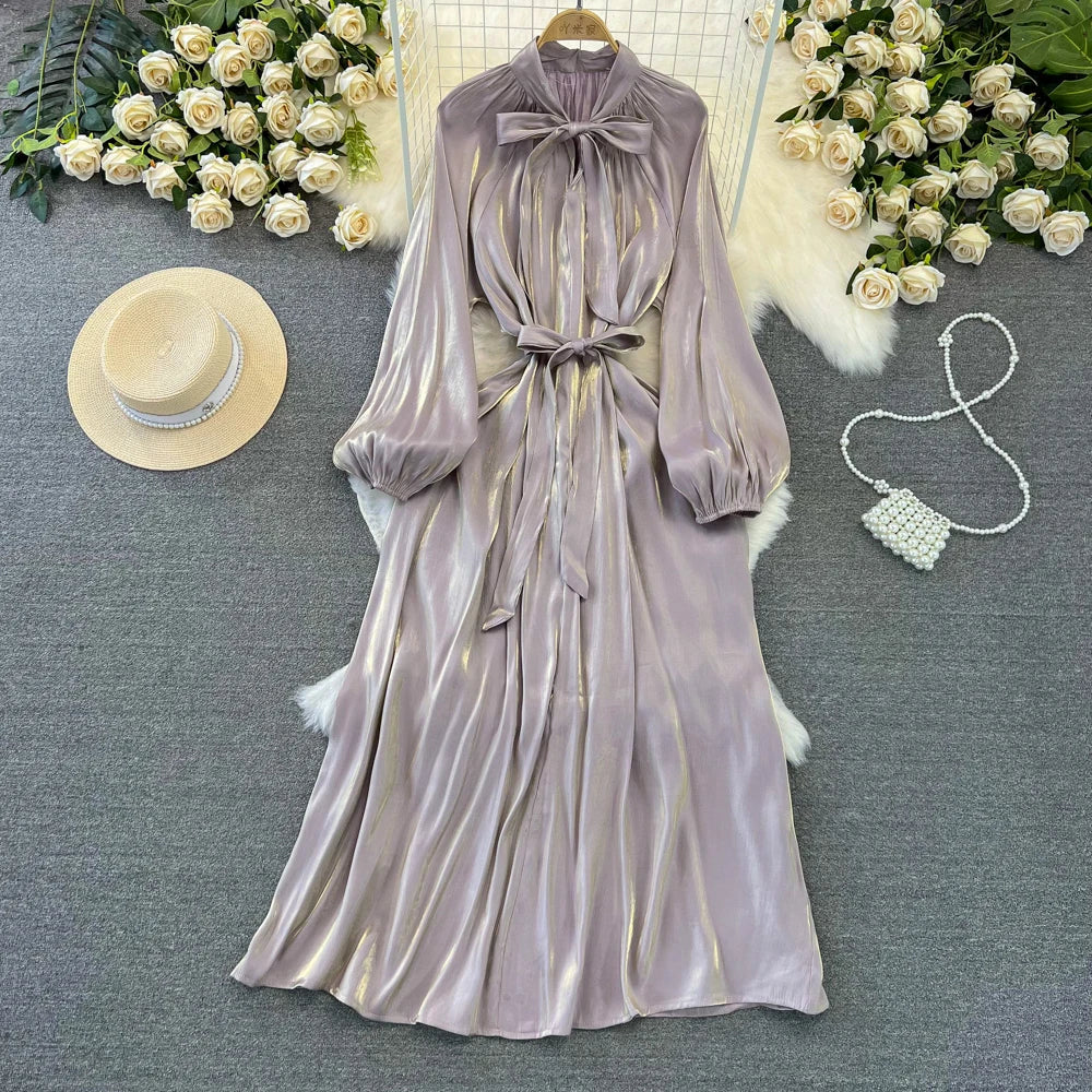 Autumn Elegant Women Fashion Party Long Dress Bow Lace Up Long Sleeve Evening Dresses A-Line Casual Vestidos One Piece Prom Robe