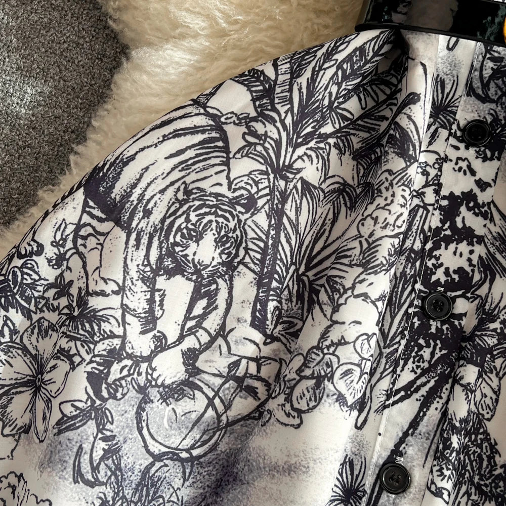 Summer Retro Shirt Dress Women Short Sleeved Lapel Single Breasted A-line Print Long Dresses Ladies Elegant Party Long Robe