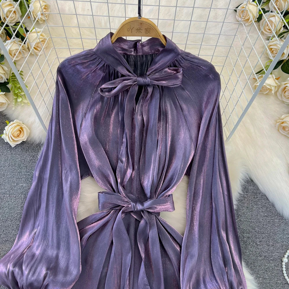 Autumn Elegant Women Fashion Party Long Dress Bow Lace Up Long Sleeve Evening Dresses A-Line Casual Vestidos One Piece Prom Robe