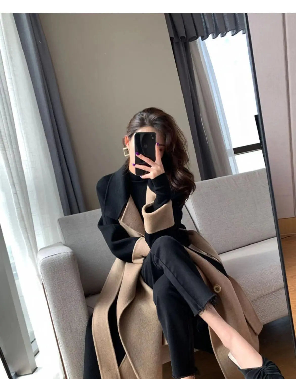 Women's Woolen Long Overcoat With Belt Spring Autumn New Double Sided Fleece Wool Color Matching Style Slim Splicing Coat