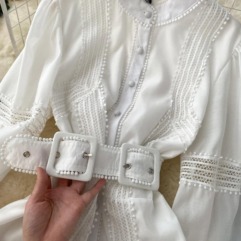 Wedding Guest Dresses For Women Lace Trim Luxury Party Dress Stand Collar Long Sleeve Button Up Holiday Mini Dress With Belt