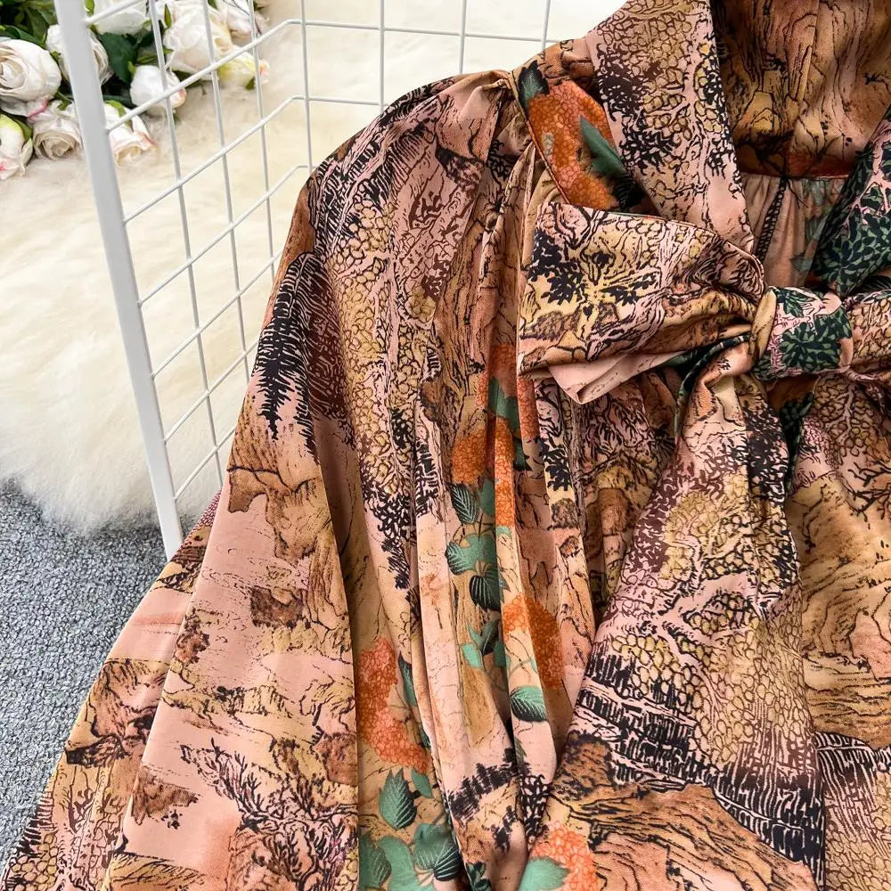 Elegant Casual A-Line Vintage Ruffle Print Long Dress Autumn Lantern Sleeve Party Boho Dresses Beach Holiday Female Vestidos
