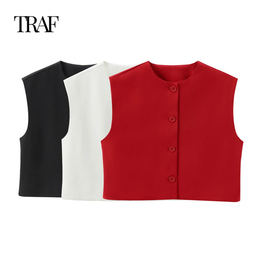 TRAF Women's Clothing Summer New Casual Sleeveless Round Neck Single-breasted Vest Style Shirt Chic Office Ladies Tops Mujer