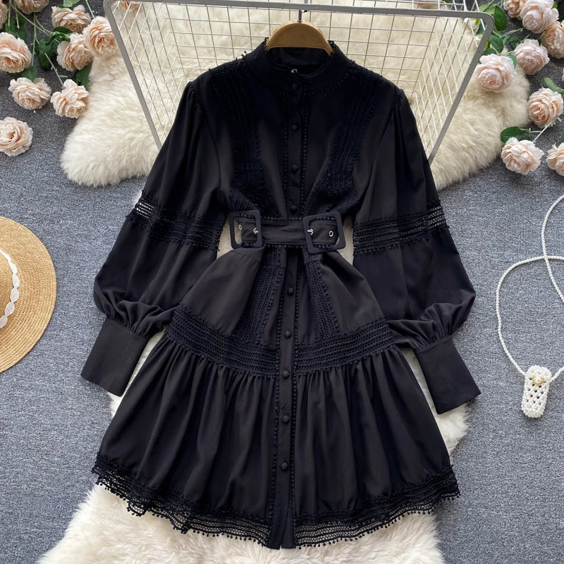 Wedding Guest Dresses For Women Lace Trim Luxury Party Dress Stand Collar Long Sleeve Button Up Holiday Mini Dress With Belt