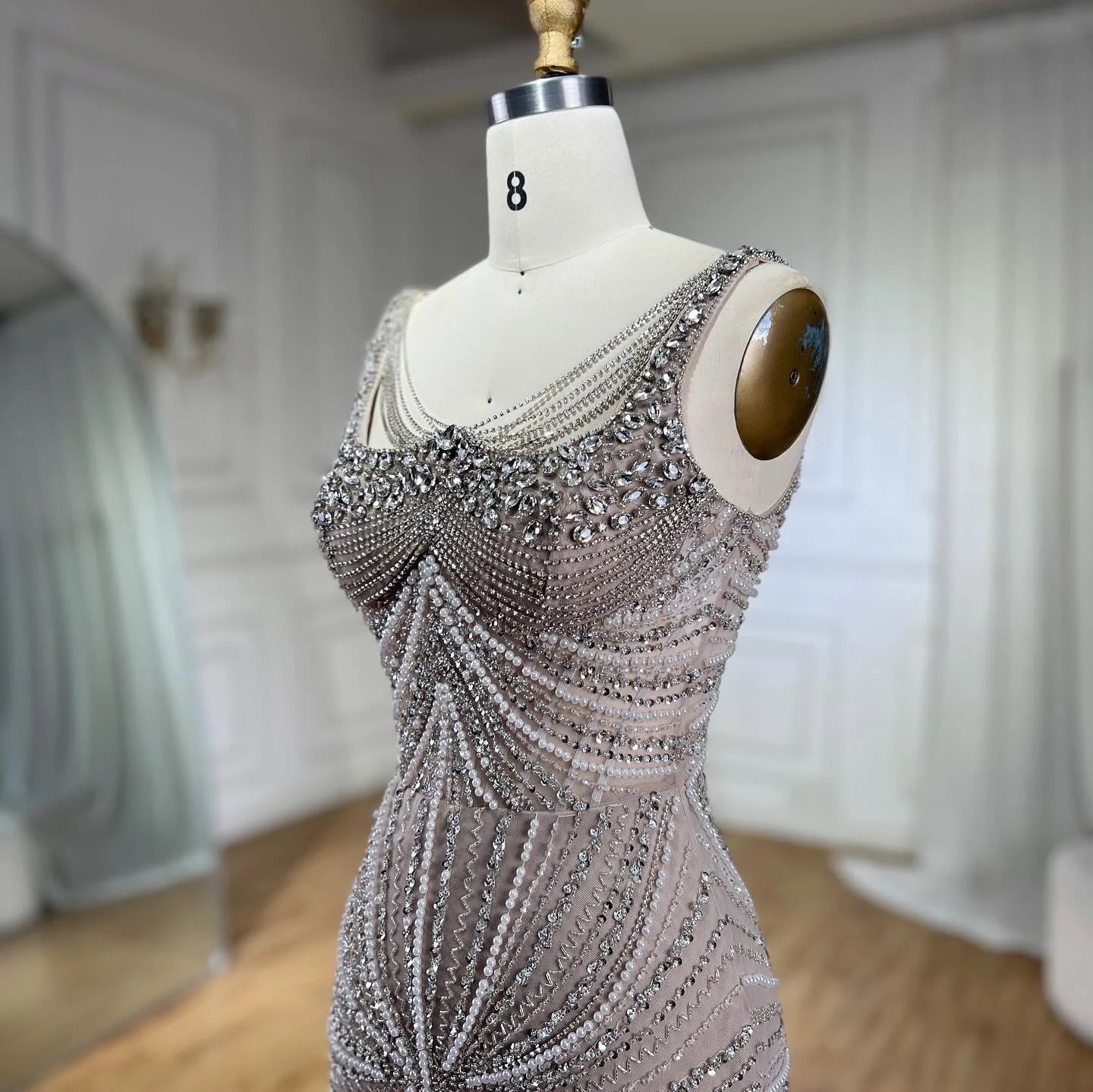 SERENE HILL 2024 Arabic Nude Spaghetti Strap Mermaid Luxury Beaded Evening Dresses Gowns For Women Wedding Party GLA72356