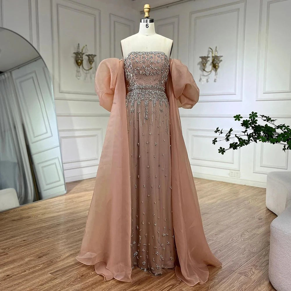 Serene Hill Black Sexy Off the Shoulder Puff Sleeves Evening Dresses Beaded Overskirt Mermaid Party Gown For Women 2023 BLA72002