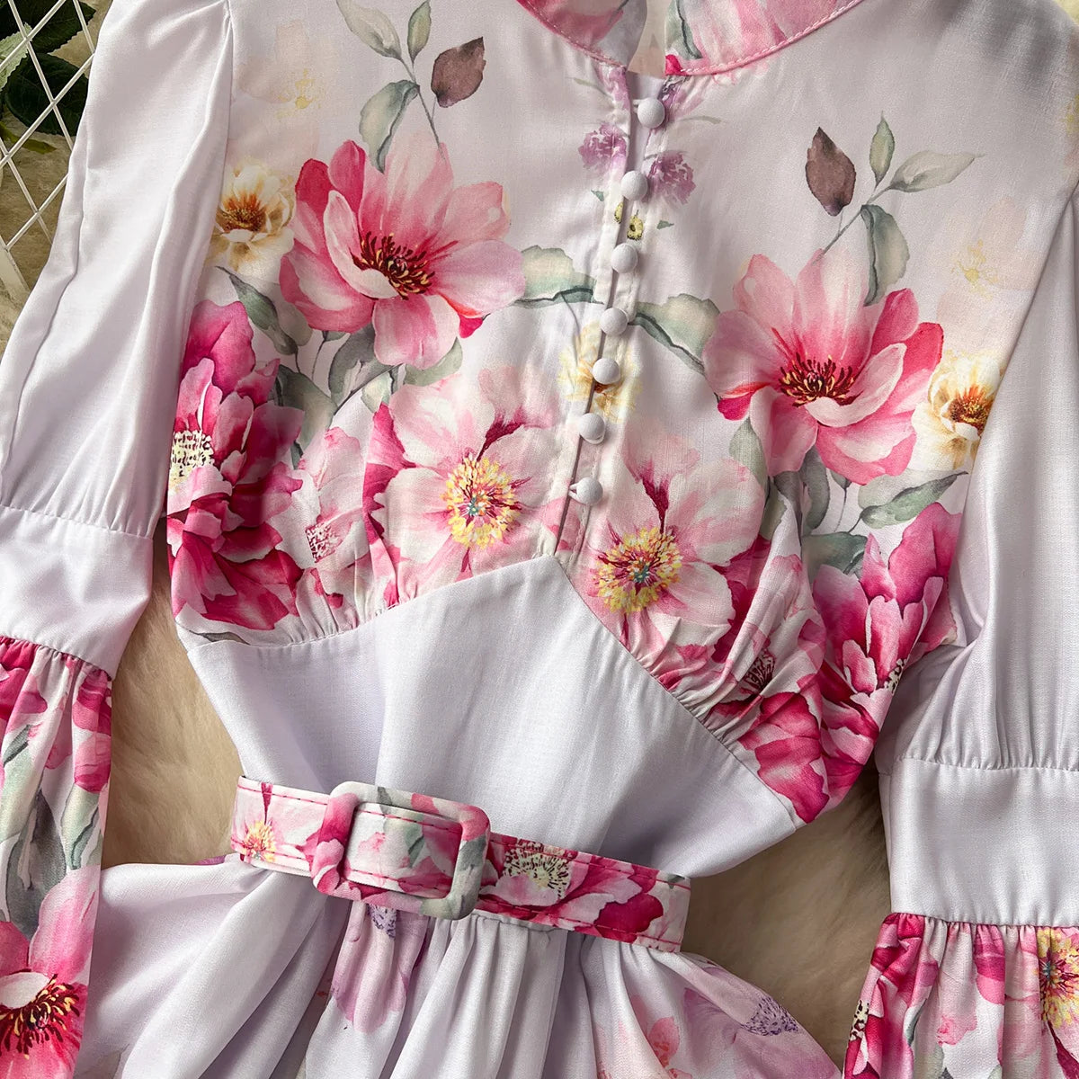 Elegant Party Dresses Women Round Neck Button Up Vintage Floral Print Dress Spring Summer Long Lantern Sleeve Belted Mini Dress