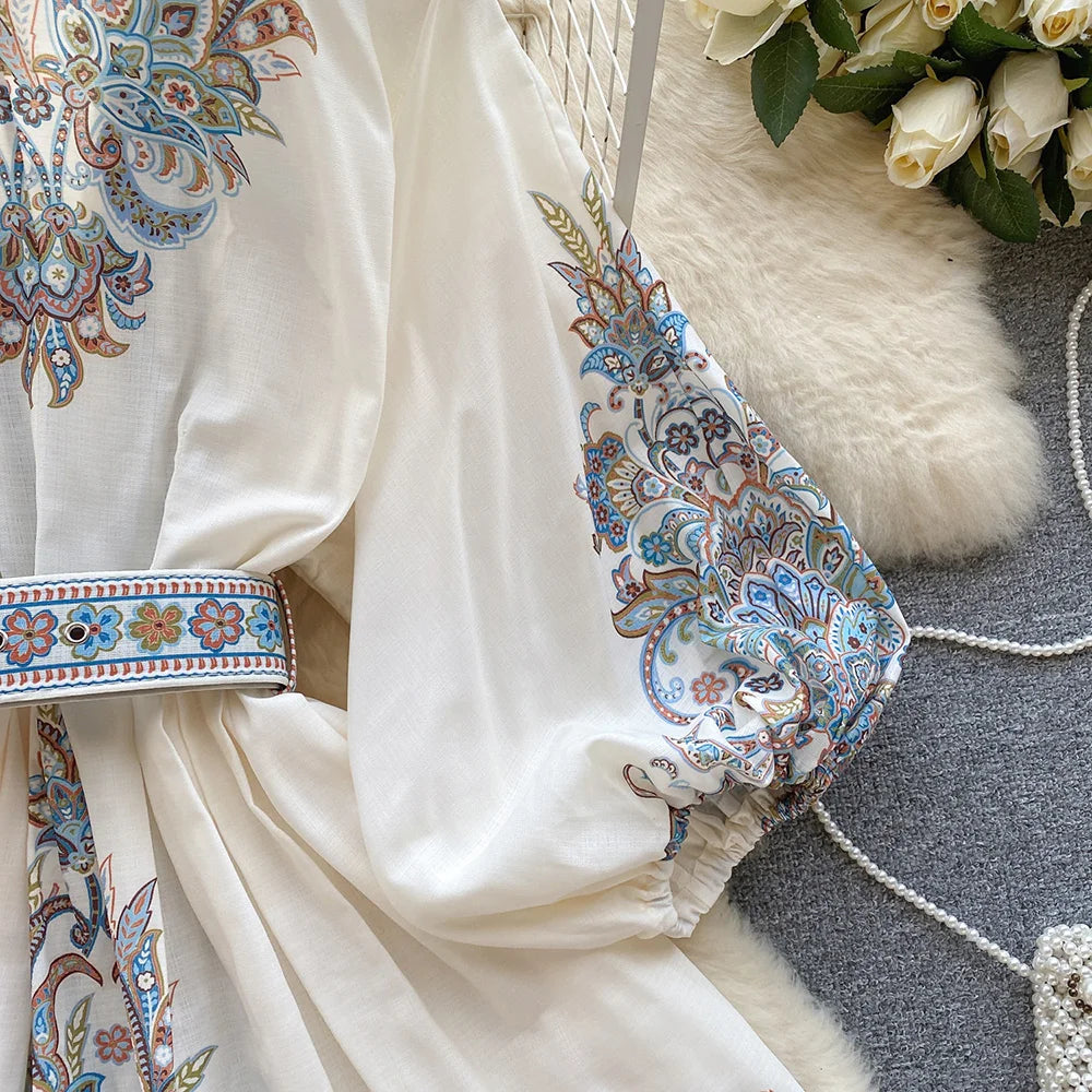 Bohemian Dresses For Women 2024 V Neck 3/4 Sleeve Spring Summer Vacation Mini Dress With Belt Boho Vintage Paisley Print Dress