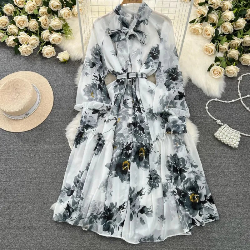 Elegant Casual Women Fashion Floral Print Long Dress Vintage Pleated A-Line Maxi Boho Beach Party Robe Female Clothes Mujers
