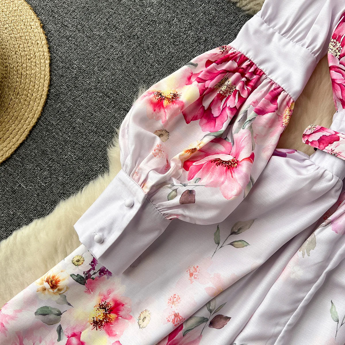 Elegant Party Dresses Women Round Neck Button Up Vintage Floral Print Dress Spring Summer Long Lantern Sleeve Belted Mini Dress