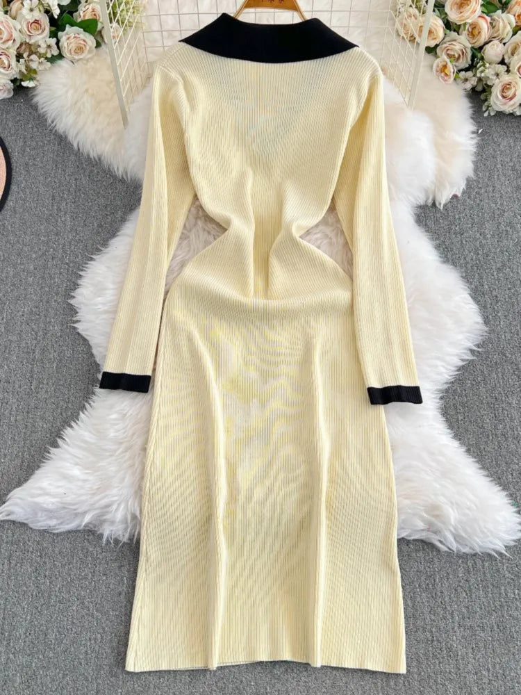 Elegant Women Fashion Casual Bodycon Knitted Dress Vintage Single Breasted Party Birthday Prom Vestidos Female Clothes Long Robe