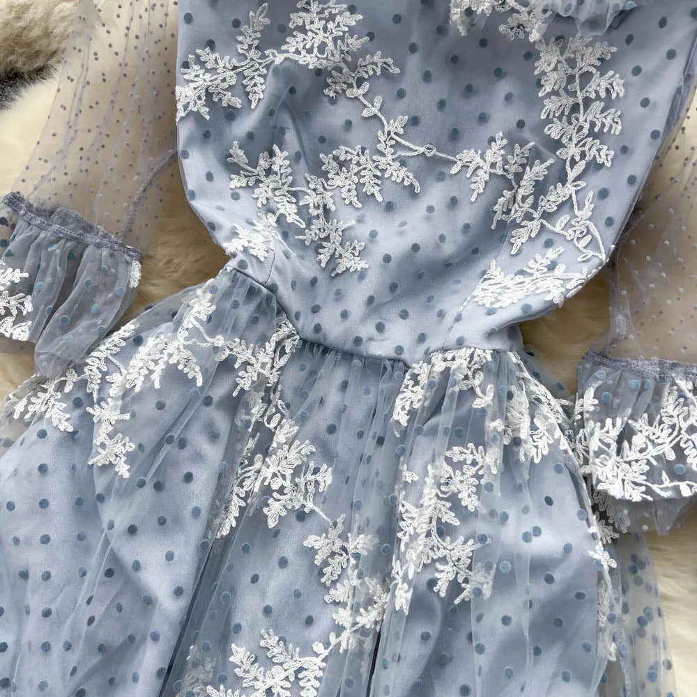 High Quality France Style Mesh Dress Women Long Ruffles Sleeves O Neck Embroidery Dot Zipper Ruched Gentle Party Sundress