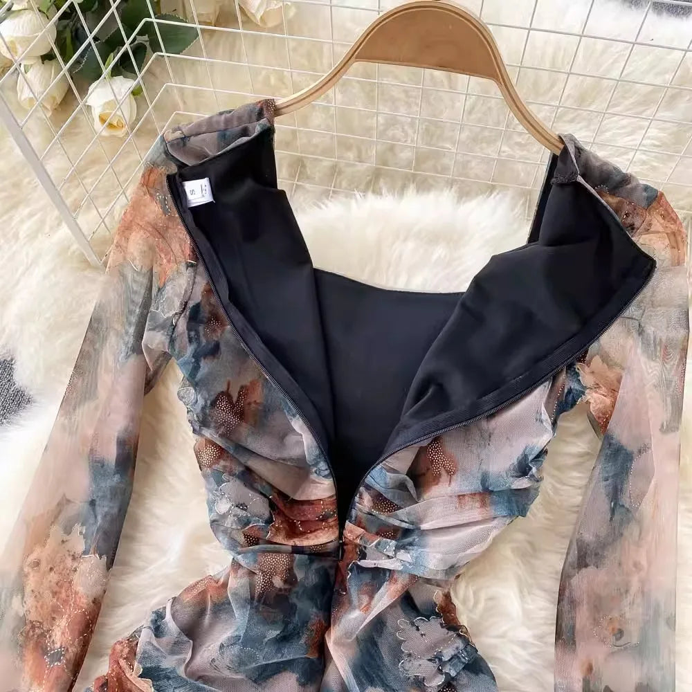 Elegant High Waist Fashion Print Pleated Split Dress Long Sleeve Square Neck Vestidos Autumn Winter Pencil Dress
