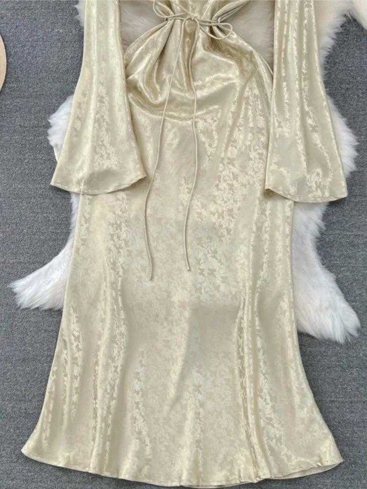 Autumn Evening Dresses for Women Elegant Bodycon Party Prom Robe Vintage Flare Sleeve Swinging Collar Midi Vestidos Mujer New