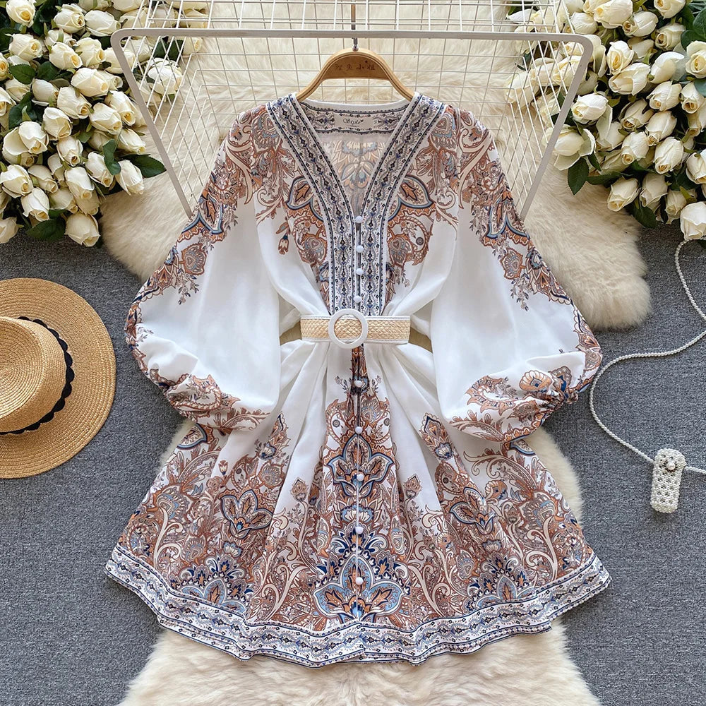 Holiday Dress For Women 2024 Bohemian Vintage Paisley Print Dress Spring 3/4 Sleeve V Neck Elegant Party Short Dresses With Belt
