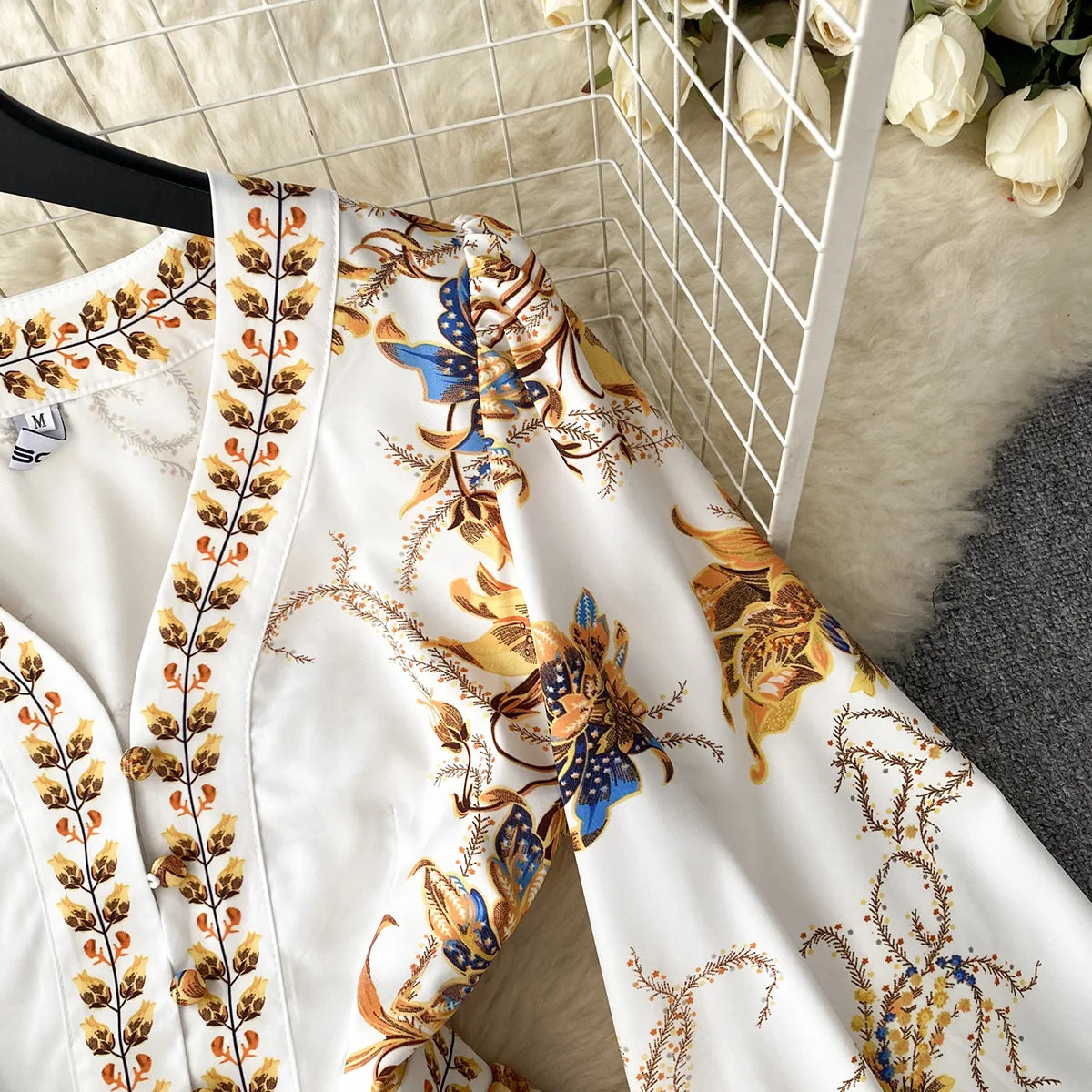 New In Dresses 2023 Fashion Women Clothing Party Elegant Vintage Print Dress Front Button Up V Neck Long Puff Sleeve Mini Dress