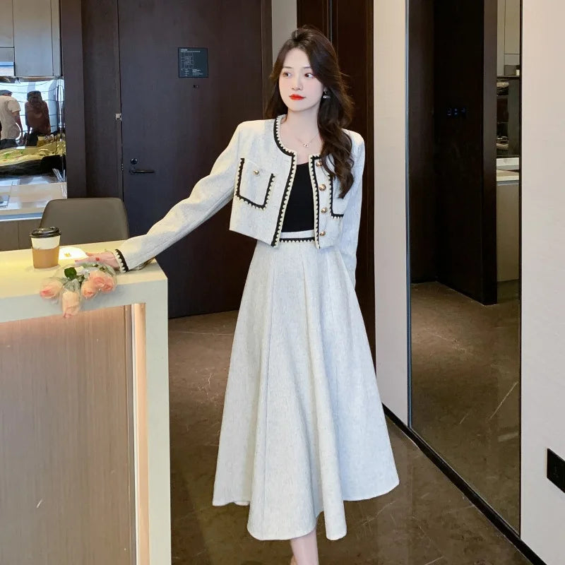 Small Fragrance Elegant 2-Piece Set Spring Autumn Trendy Women's Outfit O-Neck Short Coat+High Waist Midi A-line Skirt Suit
