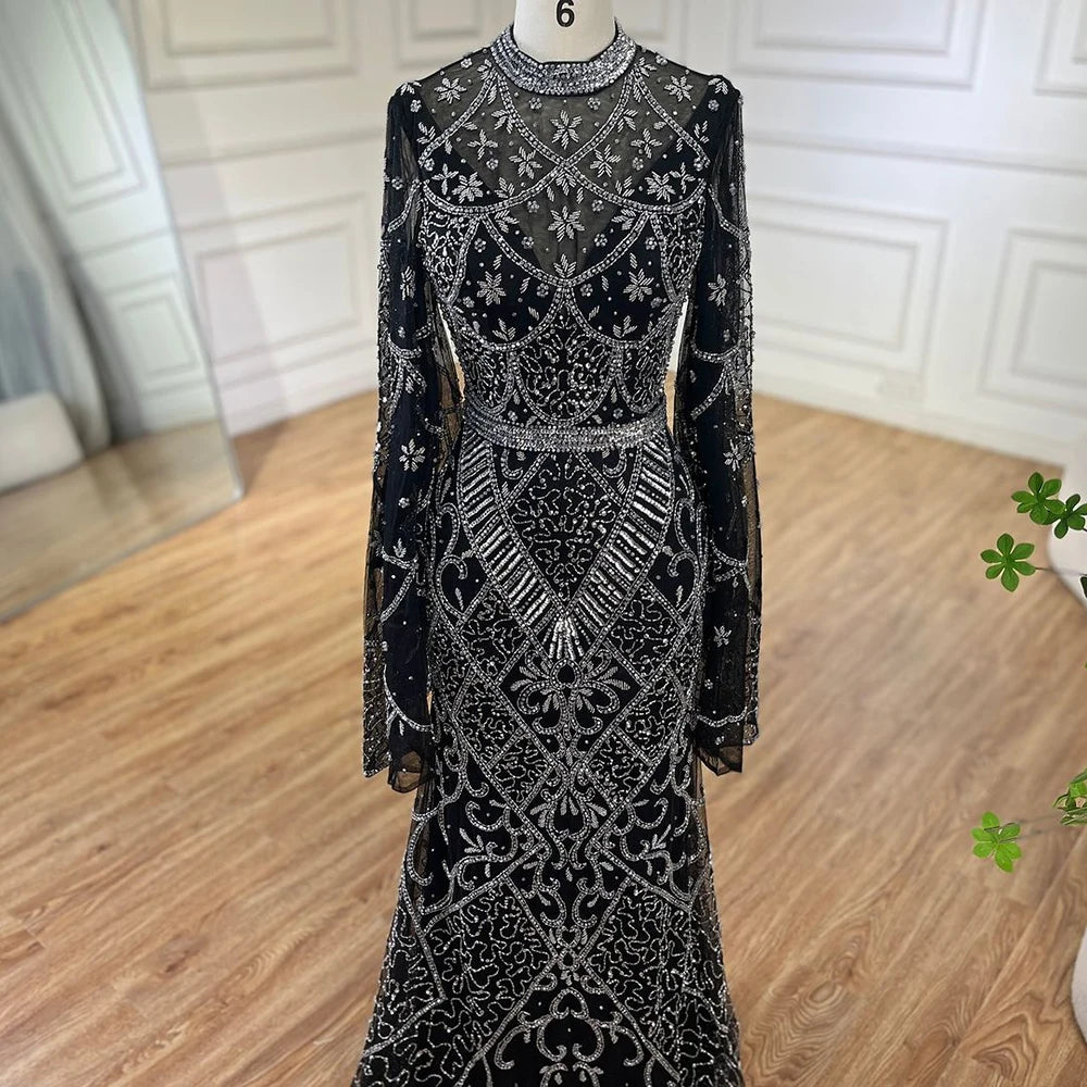 Serene Hill 2024 Muslim Nude Mermaid Elegant Bell Sleeve Beaded Luxury Dubai Long Evening Dress for Formal Occasion LA72316A