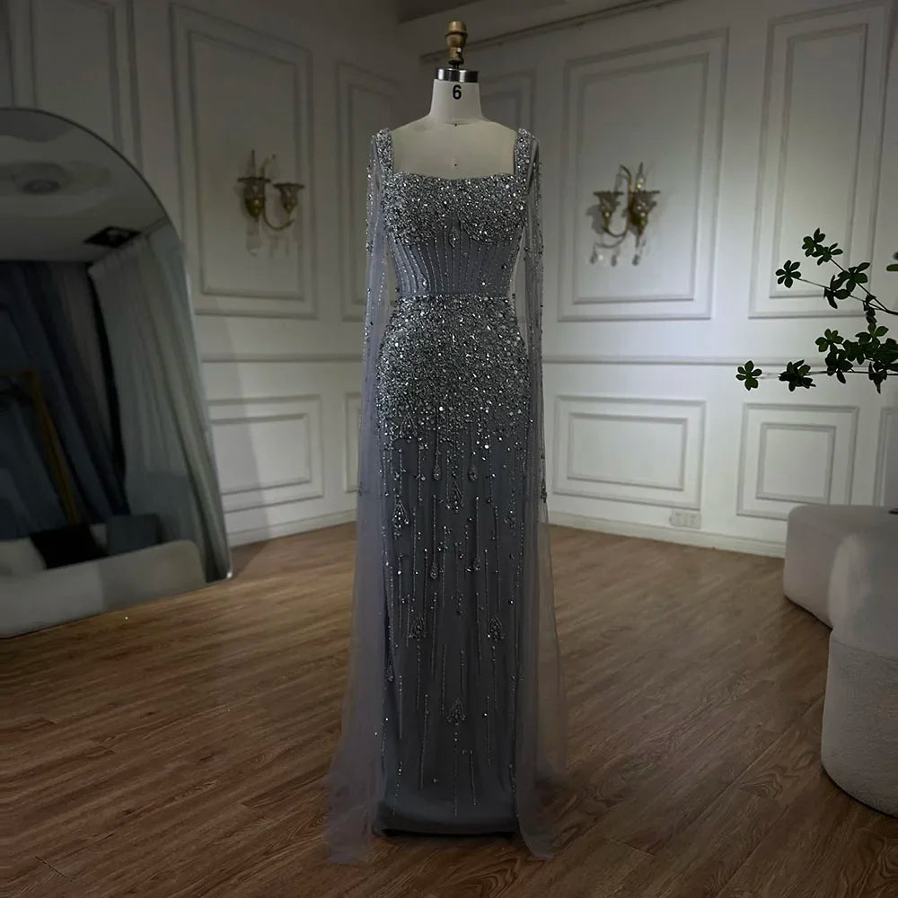 Serene Hill Arabic Gray Mermaid Beaded Luxury Dubai Long Evening Gown with Cape Sleeves Elegant for Women - Party 2024 BLA72592