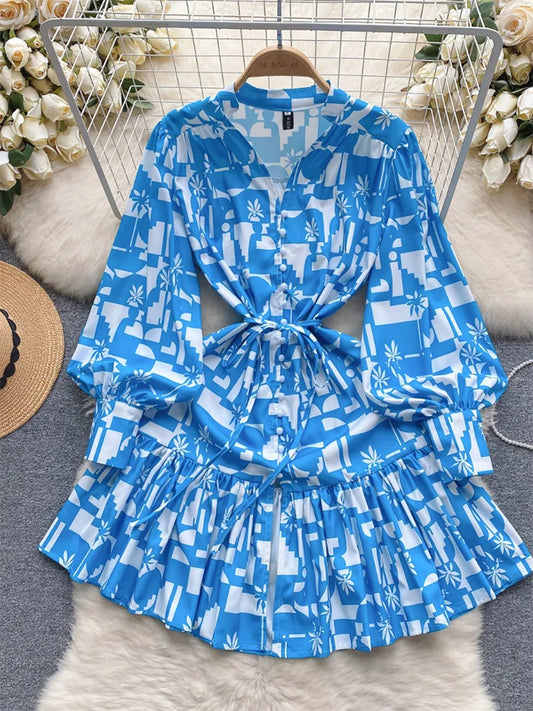 Short Dresses For Women Front Button Up Elegant Geometric Print Dress V Neck Long Sleeve Ruffle Hem Tie Belt Mini Casual Dress