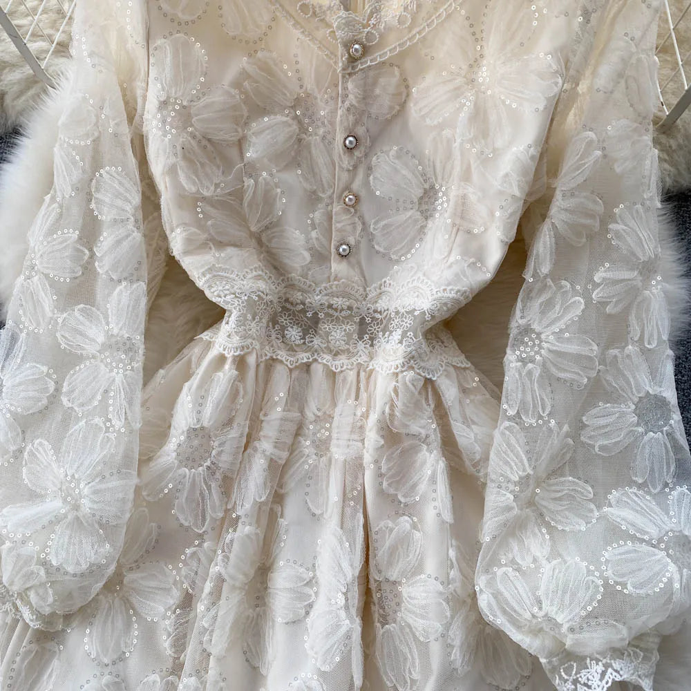 Elegant and Chic Women Fashion Lace Midi Party Dress Spring Vintage A-Line Solid Birthday Prom Vestidos Female Clothes Robe New
