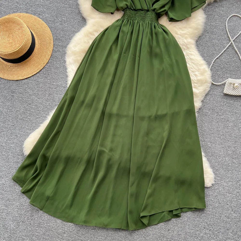 Vintage Elegant V-neck chiffon Dress A-line Fashion Beach Spring Summer Vestidos Women Bandage Sweet dresses