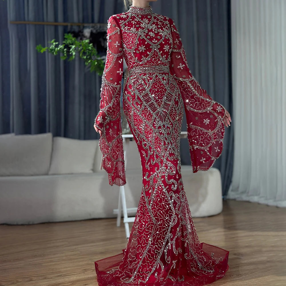 Serene Hill Muslim Grey Mermaid Elegant Nude Cape Sleeve Beaded Luxury Dubai Long Evening Dress 2024 Women's Party LA72316