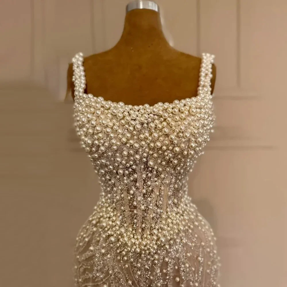 SERENE HILL 2024 White Nude Spaghetti Strap Mermaid Beaded Evening Dresses Luxury Pearls Gowns For Women Wedding Party GLA72266