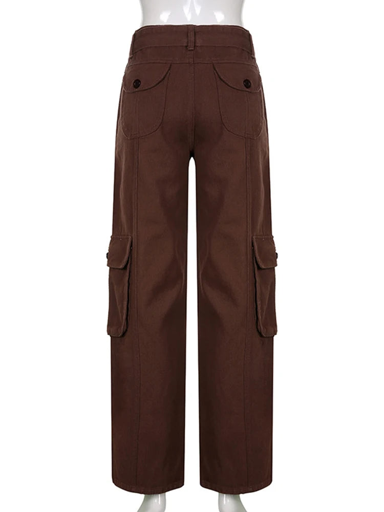 Women's High Waist Cargo Pants with Lace Belt Street Multi Pocket Straight Leg Casual Trousers Spring Autumn New Y2K Vintage