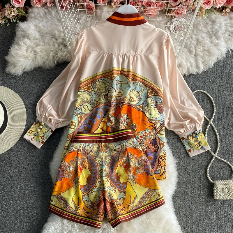 Women Printed Two Piece Set Retro Chic Spring Fragmented Flower Shorts+Long Sleeve Shirt Top Elegant Suits Spring Summer Outfits