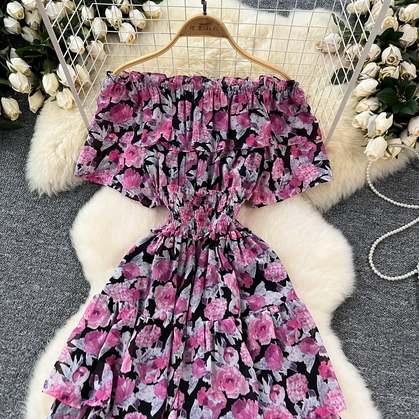 French Vintage  off shoulder short sleeve ruffle Dress Chic Casual Beach Vacation Women Summer chiffon dresses