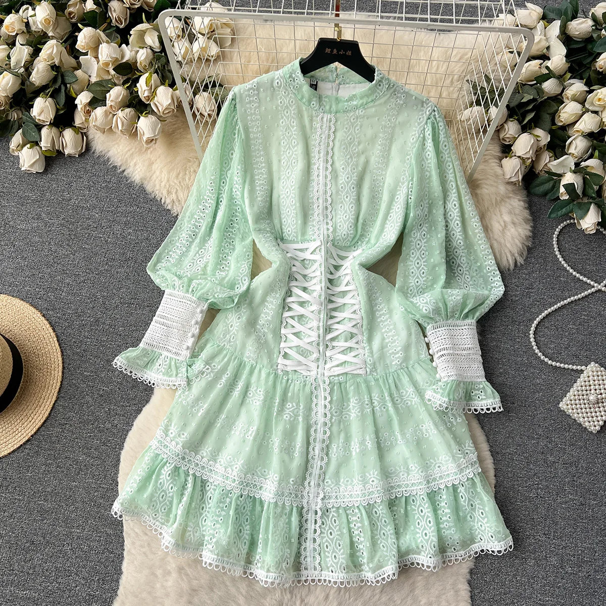 Dresses For Women 2023 Luxury Fashion Waist Lace Up Embroidery Dress Spring Long Sleeve Elegant Wedding Guest Party Mini Dress