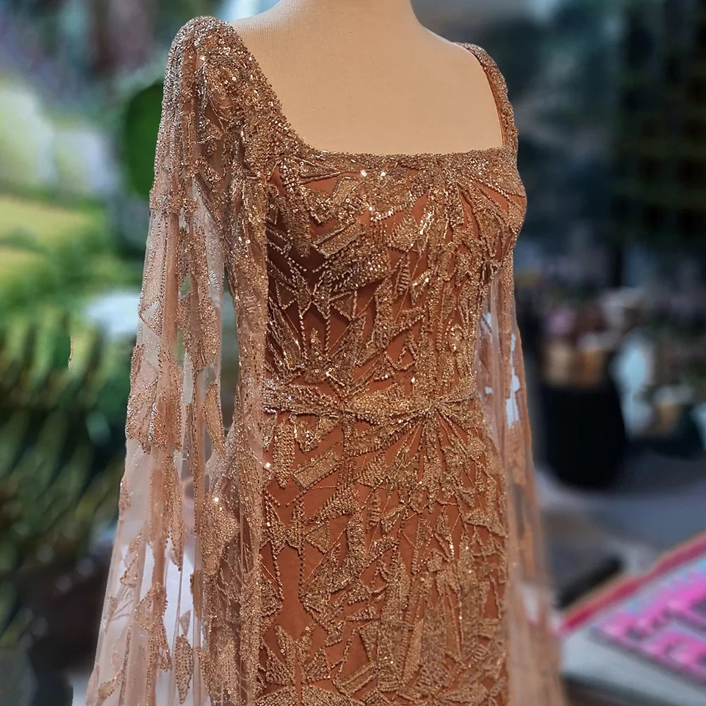 Serene Hill Arabic Pink Cape Sleeves Mermaid Dubai Evening Dresses Beaded Luxury Wedding Party Gowns For Women 2024 LA72261