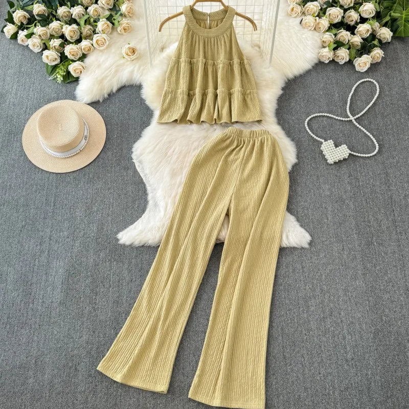 Summer Women Fashion Elegant Casual Pantsuit Halter Vintage Crop Tops Wide-Leg Pants Two Pieces Set Female Party Clothes New