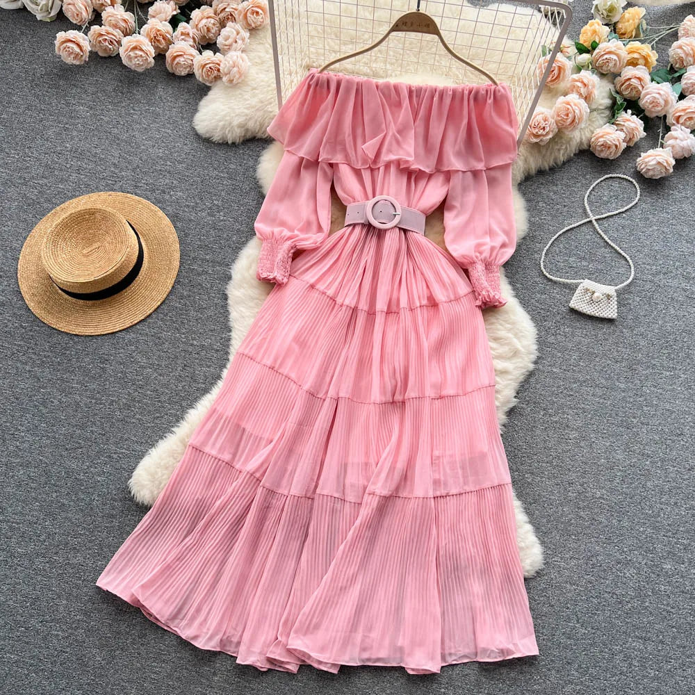 Vintage Pleated Slash Neck Off Shoulder High Waist  Dress Long Sleeve  Dress Chic Summer Beach Vestidos Women Vacation Sundress