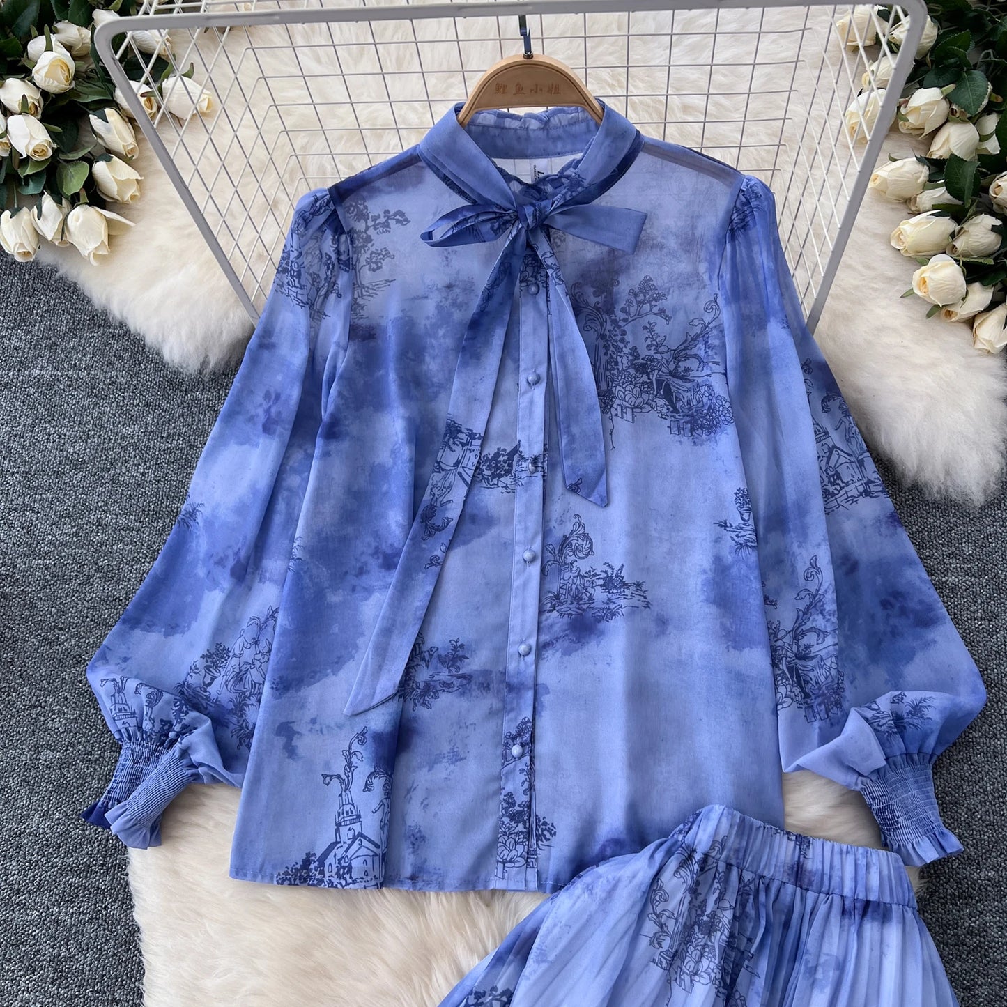 Women Chic Print Sweet Two Pieces Sets Bow Lantern Long Sleeve Top  High Waitst Wide Skirt Fashion Summer Sets