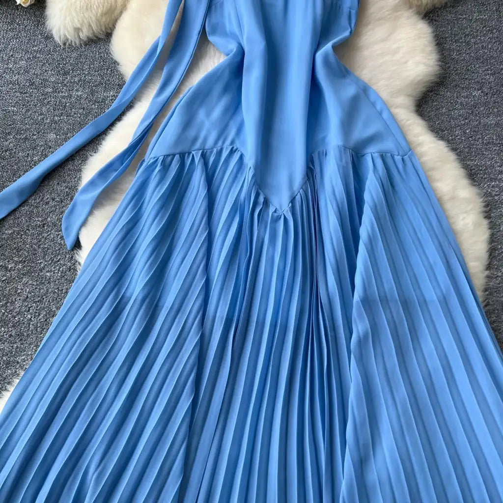 Summer Elegant Casual Women Solid Dress Halter A-Line Beach Holiday Party Long Robe Female Spaghetti Strap Boho Clothes Vestidos