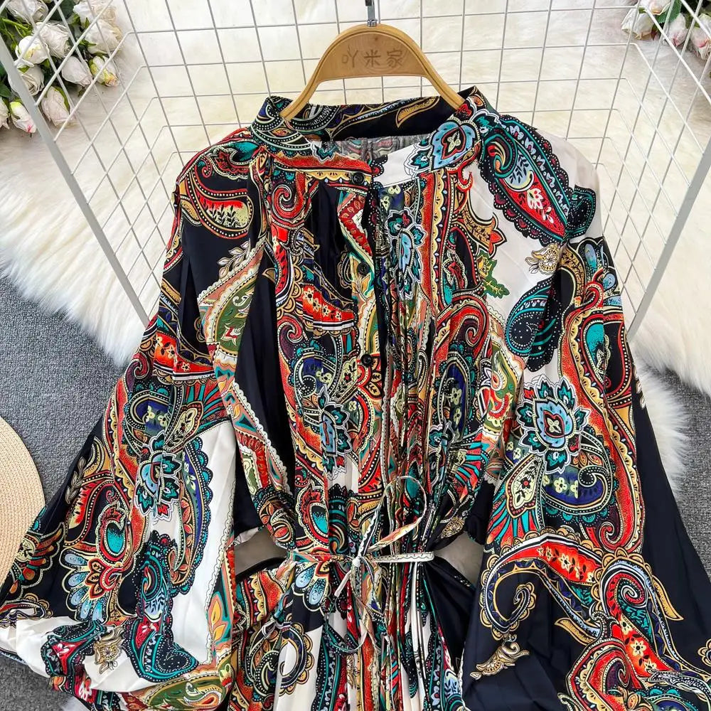 Elegant Women Casual Floral Print Party Dress Vintage Lantern Sleeve A-Line Pleated Prom Birthday Clothes Female Fashion Robe